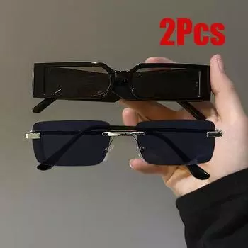 Non-polarized 2Pcs Unisex Plastic Small Rectangle Fashion Sunglasses Man Hip Hop Rimless Sunglasses