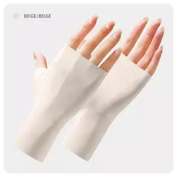Non-Printed Half Finger Ice Silk Sun Protection Gloves Women Summer Thin Breathable Driving Riding Nail Protection Open Finger Touch Screen Beige [even finger]]