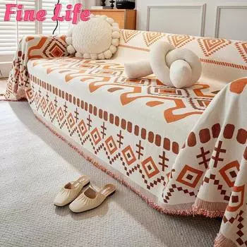 Non-slip Anti-wrinkle Double-sided Sofa Cover Chenille Fabric Dust Cover Bohemian Jacquard Pastoral Blanket for Bed Couch Chair 180X90CM