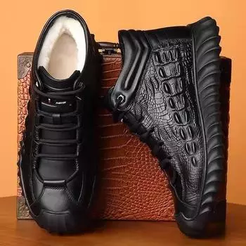 Non-slip cotton shoes men s winter velvet thickened warm high-top leather men s shoes wool fur integrated snow boots leather shoes 38 чёрный