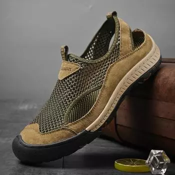 Нескользящие сандалии ручной работы, мужская летняя обувь без застежек, дышащая сетчатая обувь на плоской подошве, нескользящая обувь с вырезами для отдыха, мокасины для прогулок 38 чёрный