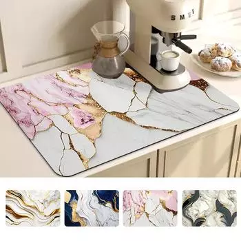 Non-slip Kitchen Drain Pad Marble Print Drying Dishes Mat Coffee Cup Mat Water Absorbent Bathroom Countertop Protector S 30x40cm