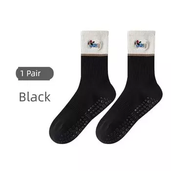 Non Slip Massage Sole Breathable Foot Surface Cartoon Embroider Sports Cute Yoga Ladies Knee Socks Socks Black