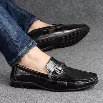 Non-slip Men Shoes Loafers Genuine Leather Men Fashion Casual Shoes Slip-On Black Moccasin Mens Lightweight Soft Sole Peas Shoes 38 чёрный