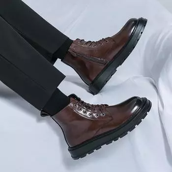 Non-Slip Mens Casual Leather Shoes Versatile Men Ankle Boots Outdoor Lightweight Male Motorcycle Boots British Style Man Botas 38 чёрный