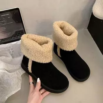 Нескользящие зимние женские зимние ботинки 2024 года из утолщенного бархата, женские хлопковые ботинки из хлопка в стиле ретро, термообувь из хлопка 35 чёрный