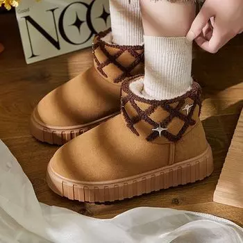 Non-Slip Thick Plush Snow Boots Women 2024 Faux Fur Warm Cotton Padded Shoes Woman Fashion Metal Decoration Platform Ankle Boots 36-37 чёрный