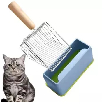 Non-Stick Cat Litter Shovel Set Wooden Handle Pet Poop Scoop Tools Cat Litter blue-base