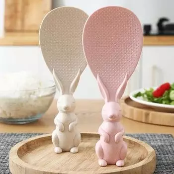 Non-Stick Rice Paddle Spoon Wheat Straw Rice Shovel Standing Rabbit Bunny Shape Handle Rice Spoon Plastic Dining Service Scoop розовый