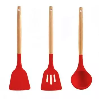 Non-Stick Silicone Cooking Utensils Set, 3 Pcs with Wooden Handle, Heat Resistant Silicone Kitchen Gadgets (Red) красный