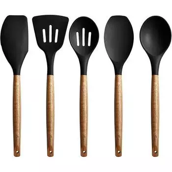 Non-Stick Silicone Cooking Utensils Set, 5 Pcs With Wooden Handle, Heat Resistant Silicone Kitchen Gadgets