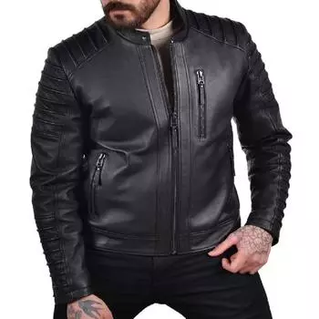 Noora Мужская овечья кожа наппа Черная кожаная мотоциклетная байкерская куртка Стеганое повседневное пальто | Клубная куртка | XS чёрный