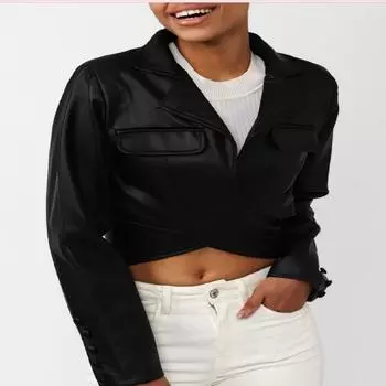 Noora женская кожа ягненка черного цвета | Укороченная мотобайкерская куртка Slim Fit Jacket | Красивый вид рукавов