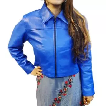 Noora - женская синяя кожаная куртка из овчины | Красивая укороченная куртка с длинными рукавами и молнией | Кожаные мотоциклетные куртки XS синий