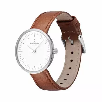 Nordgreen Infinity Серебряные скандинавские дизайнерские часы 32 мм Коричневый кожаный ремешок женские