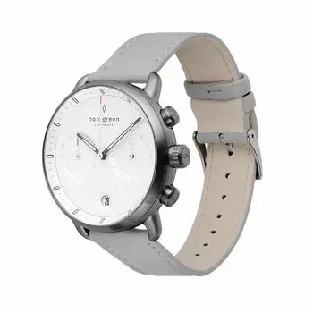 Nordgreen Pioneer Скандинавский дизайн Часы Gunmetal 42 мм Хронограф Белый циферблат Серый кожаный ремешок для часов Мужские