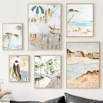 Nordic Abstract Beach Coconut Tree Sea Surfer Shell Wall Art Canvas Print HD Poster for Living Room Decor Perfect for Modern H 21cm30cm NoFrame