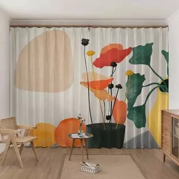 Nordic Abstract Simple Design Thin 2PCS Curtain Ins Simplicity Girl Bedroom Living Room Dining Room Artistic Decor Window Drapes W60H60(CM)x2pcs&HOOK