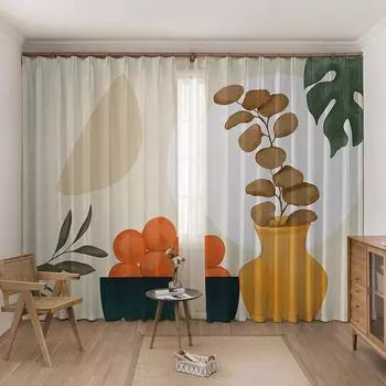 Nordic Abstract Simple High Shading Curtain Ins Fruit Cat Girl Спальня Гостиная Столовая Художественный Свежий Тень Декор Драпировка W55 X H120cm X 2&HOOK