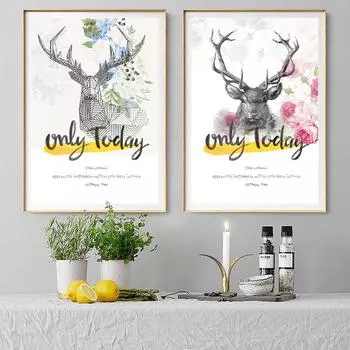 Nordic animal oil painting flower elk Art Poster modern office living room corridor home decoration Abstract mural No Frame 21*30cm No Frame