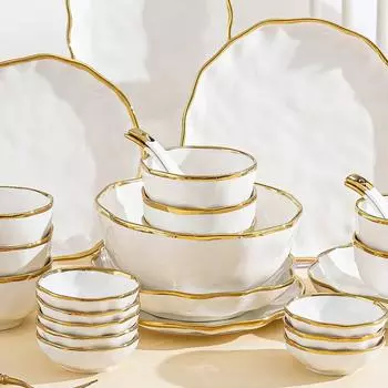 Nordic Bowl Plates Noodle Bowl Steak Plate Light Luxury Household Ceramic Tableware Simple Modern Plate and Plate Combine