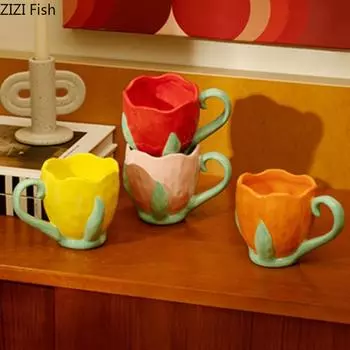Nordic Creative Tulip Flower Water Cup Керамическая кружка для офиса, послеобеденного чая, латте, кофе, чашка для домашнего завтрака, молока, напитков, подарков 300ml