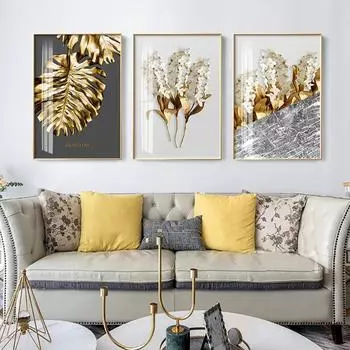 Nordic Golden Abstract Leaf Flower Poster Холст Картина Печать Cuadros Art Настенное украшение Фреска Современный домашний декор для гостиной Без рамки 21*30cm No Frame