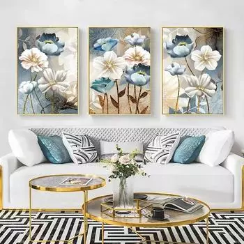 Nordic Golden Blue Flowers Poster Modern Abstract Wall Art Print Картина на холсте Настенные картины для гостиной Украшения дома 21x30cm No Frame
