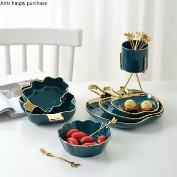 Nordic Home Use Обеденная тарелка для гостиной Поднос для фруктов Керамика в форме цветка Яблоко Украшение Столовая посуда с вилкой Ложкой розовый