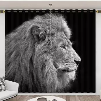 Nordic Industrial Fashion Черно-белое украшение Высокая затемняющая занавеска Животное Зверь Лев Тигр Личность Мальчик Простая драпировка W55 X H120cm X 2&HOOK