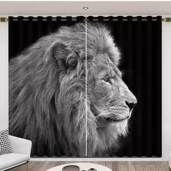 Nordic Industrial Fashion Черно-белое украшение Высокая затемняющая занавеска Животное Зверь Лев Тигр Личность Мальчик Простая драпировка W55 X H120cm X 2&HOOK