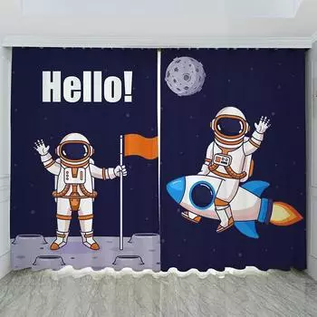 Nordic Ins Style Cartoon Comics High Shading занавеска Space Astronaut Trend Creative Boy Детская комната Простые занавески 2 шт. W55 X H120cm X 2&HOOK