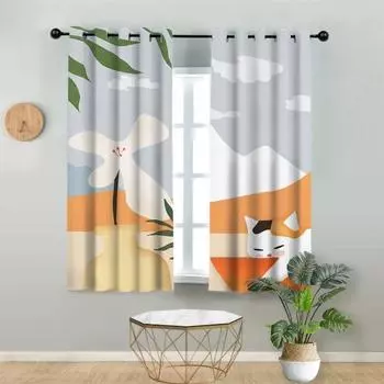 Nordic Ins Style Orange Cat High Shading Curtain Girls Bedroom Living Room Kitchen Simple Shading Thick Curtains Blackout Drap W55 X H120cm X 2&HOOK