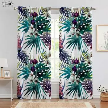 Nordic Ins Style Свежие и простые зеленые шторы для растений Юго-Восточная Азия Тропический лес Отель Homestay Живой фон занавес W50xH130(CM)x2PCS&Grommet Top