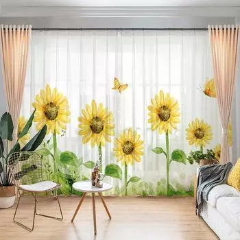 Nordic Ins Style Свежие зеленые растения Цветы Подсолнухи Гостиная Балкон Спальня Окна Занавеска Вуаль Крючок для штор Верхняя часть 2x50W100H(CM)&Grommet Top