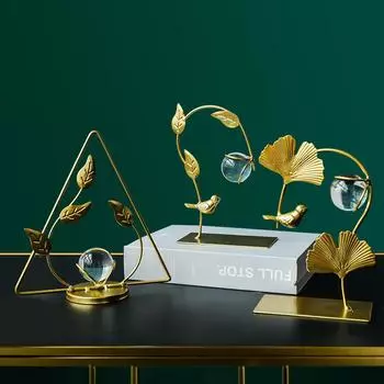 Nordic Luxury Leaf Crystal Ball Decorations Wright Iron Creative Bird Living Room Decorations Bookcase Home Geometric Decoration