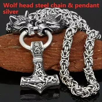 Nordic Men s 316L Stainless Steel Viking Wolf Head Steel Chain and Thor s Hammer Mjolnir Pendant Necklace Viking Men s Amulet Jewelry Gift ARI серебряный
