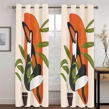 Nordic Minimalist Style Curtains Plant Vase Printed Curtains Family Living Room Bedroom Balcony Kitchen Decor 2 Panels 50W130H(CM)X2PCS&Grommet Top