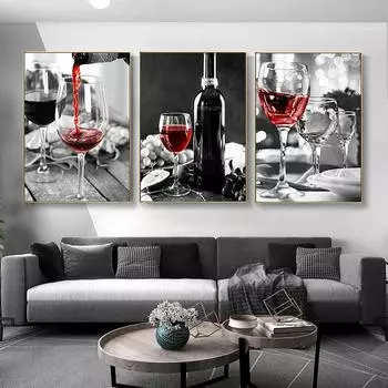 Nordic Red Wine and Bottle Kitchen Posters Black White Drink Картина на холсте Печать Настенная картина Декор для столовой и ресторана 21X30cm No Frame