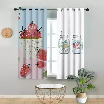 Nordic Simple Cartoon Strawberry Lemon Fruit Ins Fresh Kitchen Dining Room High Shading Window Curtain ChildrenBedroom Drape W55 X H120cm X 2&HOOK
