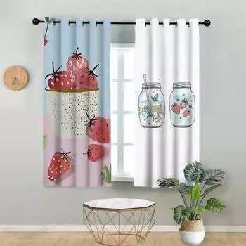 Nordic Simple Cartoon Strawberry Lemon Fruit Ins Fresh Kitchen Dining Room High Shading Window Curtain ChildrenBedroom Drape W55 X H120cm X 2&HOOK