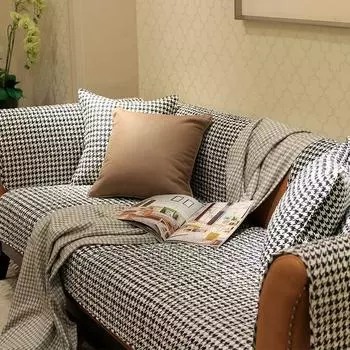 Nordic Simple Cotton Sofa Cushion Classic Dark Gray Square Pattern Stain-Resistant Sofa Cover All Year Round Non-Slip Fabric Sofa Towel Thousand bird grid 70 * 70cm
