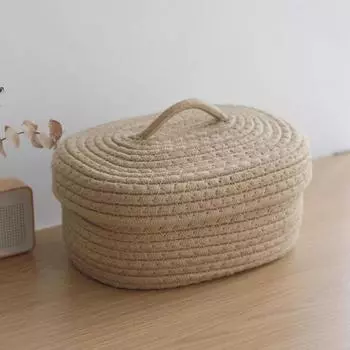 Nordic Simple Style Covered Rope Storage Box Desktop Snacks Toy Cosmetics Basket Khaki Color with Cover Baskets Woven Lids Round белый