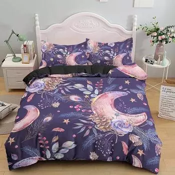 Nordic Style Duvet Cover King Queen Size Stars Moon Pattern Bedding Set for Kids Teens Adults Flowers Polyester Comforter Cover EU single(135x200cm)