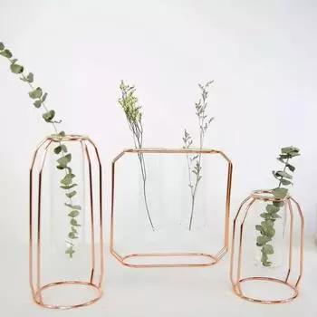 Nordic Style Glass Flower Pot Iron Art Vase Rose Gold Hanging Test Tube Flower Vases Home Office Decoration Desk Flowerpots