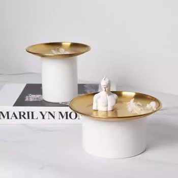 Nordic Style Home Living Room Fruit Plate Gold Round Tray Serving Cosmetics Decorative Metal Covered Storage Box