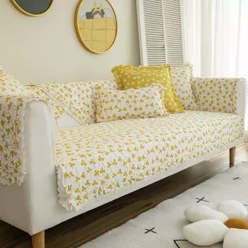 Nordic Style Non-Slip Cover Towel Cotton Sofa Cushion Pastoral floret-White 70*70cm single