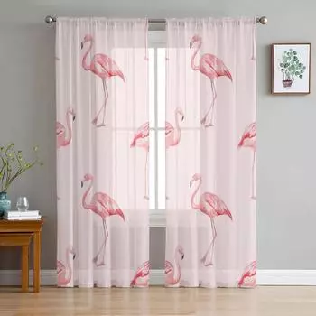 Nordic Style Pink Flamingo Sheer Curtains Living Room Window Tulle Curtains For Bedroom Kitchen Home Decoration Voile Drapes W135 x H115cm x1&Rod Pocket