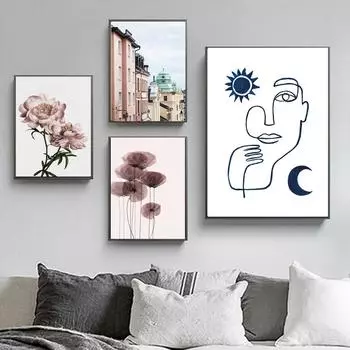 Nordic Wall Art Painting Flowers Botanical Canvas Poster Girl Silhouette Print Picture Minimalist Living Room Home Decor No Frame 21*30cm No Frame