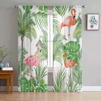 Нордические фламинго тропические листья зеленые прозрачные шторы для гостиной украшения оконные шторы кухонные тюль вуаль шторы W135 x H115cm x1